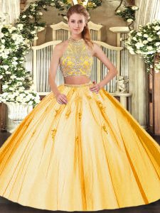 High End Floor Length Gold 15th Birthday Dress Tulle Sleeveless Beading and Appliques