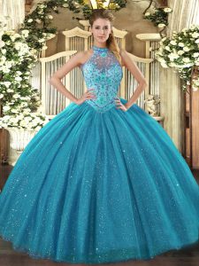 Custom Fit Teal Ball Gowns Tulle Halter Top Sleeveless Beading and Embroidery Floor Length Lace Up Quinceanera Dress