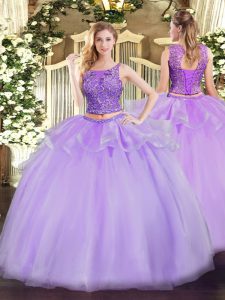 Romantic Lavender Sleeveless Organza Lace Up 15 Quinceanera Dress for Military Ball and Sweet 16 and Quinceanera