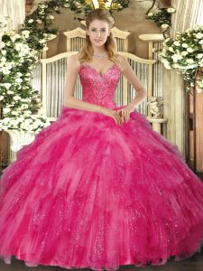 Most Popular Hot Pink Tulle Lace Up V-neck Sleeveless Floor Length Ball Gown Prom Dress Beading and Ruffles