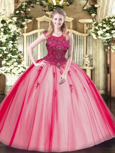 Red Tulle Zipper Scoop Sleeveless Floor Length Quinceanera Gowns Beading