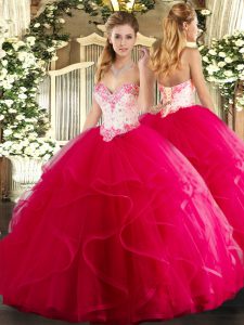 On Sale Hot Pink Sleeveless Floor Length Beading and Ruffles Lace Up Quinceanera Gowns