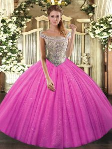 Super Hot Pink Sleeveless Beading Quinceanera Dress