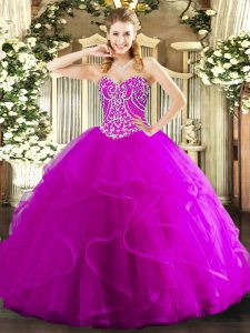 Vintage Fuchsia Ball Gowns Tulle Sweetheart Sleeveless Beading and Ruffles Floor Length Lace Up Quinceanera Gown
