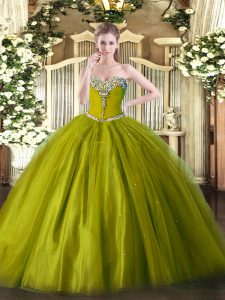 Noble Floor Length Lace Up 15 Quinceanera Dress Olive Green for Military Ball and Sweet 16 and Quinceanera with Beading