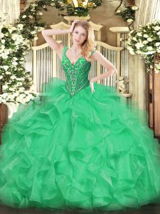 Green Ball Gowns Beading and Ruffles Quinceanera Gowns Lace Up Organza Sleeveless Floor Length