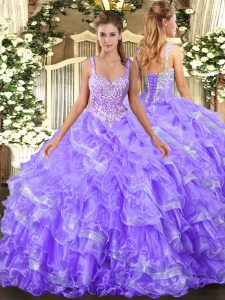 Lavender Sleeveless Floor Length Beading and Ruffled Layers Lace Up Sweet 16 Dresses