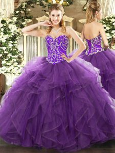 Eggplant Purple Sleeveless Beading and Ruffles Floor Length Vestidos de Quinceanera