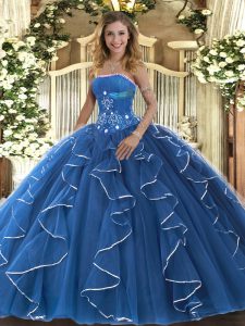Ball Gowns Sweet 16 Dresses Blue Strapless Tulle Sleeveless Floor Length Lace Up
