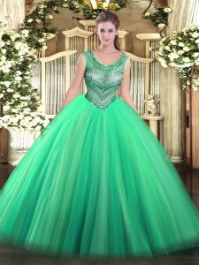 Attractive Turquoise Ball Gowns Tulle Scoop Sleeveless Beading Floor Length Lace Up Sweet 16 Quinceanera Dress