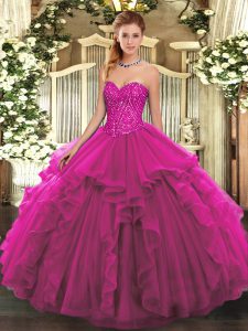 Modest Tulle Sleeveless Floor Length Quinceanera Dresses and Beading and Ruffles