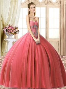 Coral Red Sleeveless Beading Floor Length 15th Birthday Dress