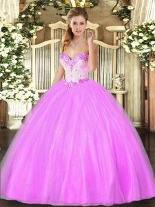 Custom Design Floor Length Lace Up Quinceanera Gowns Lilac for Military Ball and Sweet 16 and Quinceanera with Beading