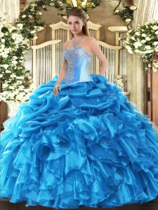Sleeveless Floor Length Beading and Ruffles and Pick Ups Lace Up Vestidos de Quinceanera with Baby Blue