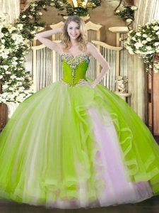 Romantic Yellow Green 15th Birthday Dress Military Ball and Sweet 16 and Quinceanera with Beading and Ruffles Sweetheart Sleeveless Lace Up