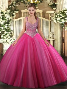 Dynamic Hot Pink Tulle Lace Up V-neck Sleeveless Floor Length 15th Birthday Dress Beading