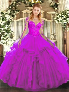 Fuchsia Scoop Neckline Lace and Ruffles 15th Birthday Dress Long Sleeves Lace Up