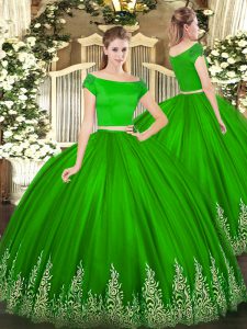 Spectacular Floor Length Green Sweet 16 Dresses Tulle Short Sleeves Appliques