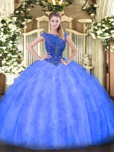 Blue Sweet 16 Dress Sweet 16 and Quinceanera with Beading and Ruffles Scoop Sleeveless Zipper
