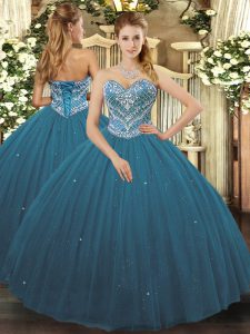 Colorful Beading Quince Ball Gowns Teal Lace Up Sleeveless Floor Length