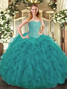Nice Floor Length Turquoise Ball Gown Prom Dress Sweetheart Sleeveless Lace Up