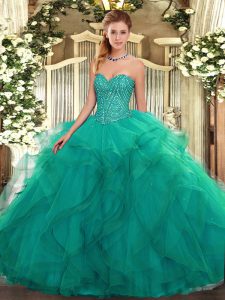 Lovely Turquoise Ball Gowns Tulle Sweetheart Sleeveless Beading and Ruffles Floor Length Lace Up Vestidos de Quinceanera