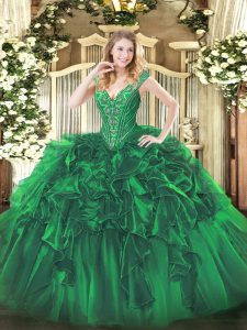 Vintage V-neck Sleeveless Sweet 16 Dresses Floor Length Beading and Ruffles Green Organza