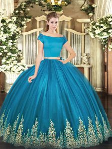 Elegant Appliques Quinceanera Dress Teal Zipper Short Sleeves Floor Length