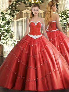 Deluxe Coral Red Ball Gowns Tulle Sweetheart Sleeveless Appliques Floor Length Lace Up Quinceanera Gowns
