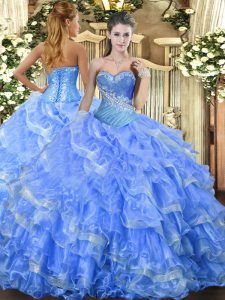 Most Popular Baby Blue Sleeveless Floor Length Beading and Ruffled Layers Lace Up Ball Gown Prom Dress