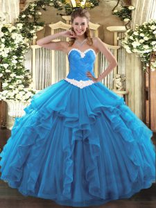 Sweetheart Sleeveless 15th Birthday Dress Floor Length Appliques and Ruffles Baby Blue Organza