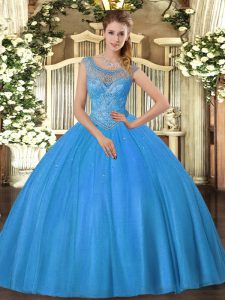 Baby Blue Ball Gowns Tulle Scoop Sleeveless Beading Lace Up Ball Gown Prom Dress