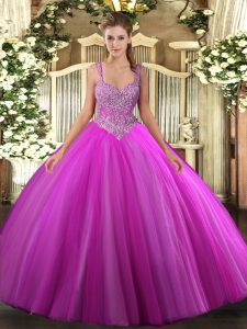 Floor Length Fuchsia Quinceanera Gowns V-neck Sleeveless Lace Up