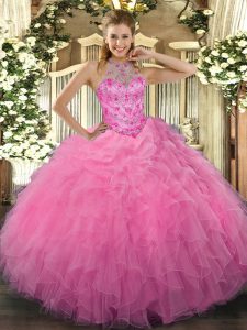 Halter Top Sleeveless Vestidos de Quinceanera Floor Length Beading and Embroidery and Ruffles Rose Pink Organza