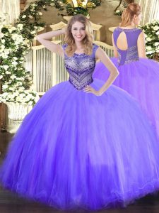 Most Popular Scoop Sleeveless Quinceanera Gown Floor Length Beading Lavender Tulle