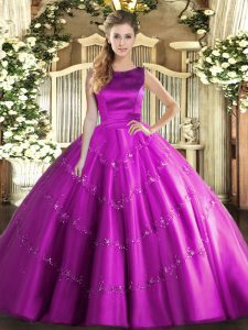 Floor Length Fuchsia Quince Ball Gowns Tulle Sleeveless Appliques