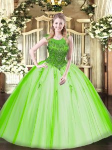 Adorable Tulle Zipper Scoop Sleeveless Floor Length Ball Gown Prom Dress Beading