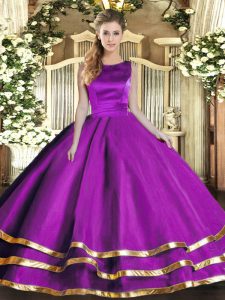 Eggplant Purple Tulle Lace Up Scoop Sleeveless Floor Length 15th Birthday Dress Ruffled Layers