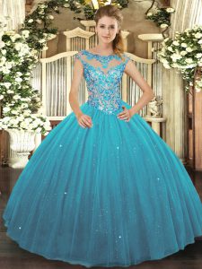 Adorable Floor Length Teal Sweet 16 Dresses Tulle Sleeveless Beading