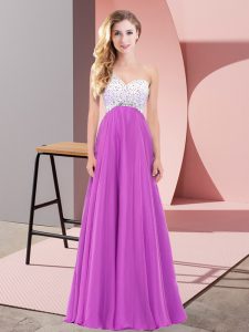 Popular Beading Prom Gown Fuchsia Lace Up Sleeveless Floor Length