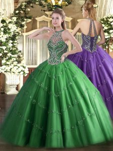 Green Ball Gowns Tulle Halter Top Sleeveless Beading Floor Length Lace Up Quinceanera Dresses