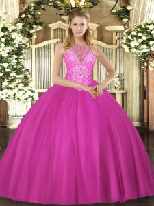 Traditional Fuchsia Lace Up Sweet 16 Dresses Beading Sleeveless Floor Length