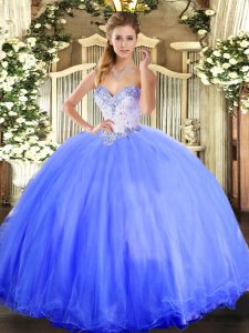 Blue Sleeveless Tulle Lace Up Sweet 16 Quinceanera Dress for Military Ball and Sweet 16 and Quinceanera