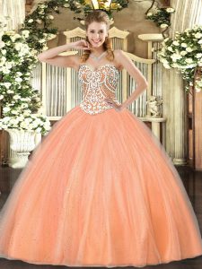 High Class Peach Sleeveless Tulle Lace Up 15th Birthday Dress for Military Ball and Sweet 16 and Quinceanera
