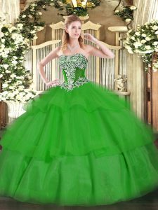 Sweet Strapless Sleeveless Quinceanera Dress Floor Length Beading and Ruffled Layers Green Tulle