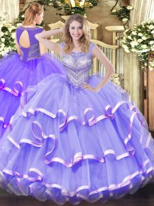 Sexy Floor Length Lavender Sweet 16 Dress Scoop Sleeveless Lace Up