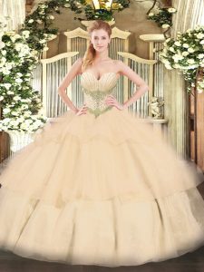 Fitting Champagne Tulle Lace Up Sweetheart Sleeveless Floor Length 15 Quinceanera Dress Beading and Ruffled Layers