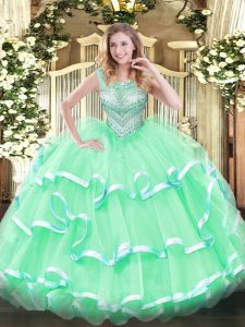 New Style Apple Green Ball Gowns Beading and Ruffles Vestidos de Quinceanera Lace Up Tulle Sleeveless Floor Length