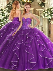 Ball Gowns Quinceanera Dresses Purple Sweetheart Tulle Sleeveless Floor Length Lace Up