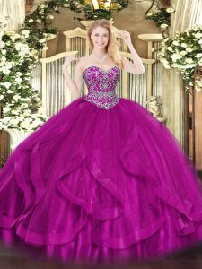 Elegant Sweetheart Sleeveless Tulle 15th Birthday Dress Beading and Ruffles Lace Up